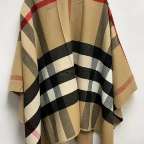 Burberry Women’s Charlotte Reversible Solid Check Wool Cape Camel - Picture 3 of 7
